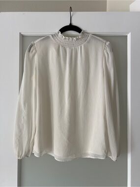 Ann Taylor Cream Smocked Ruffle High-Neck Blouse